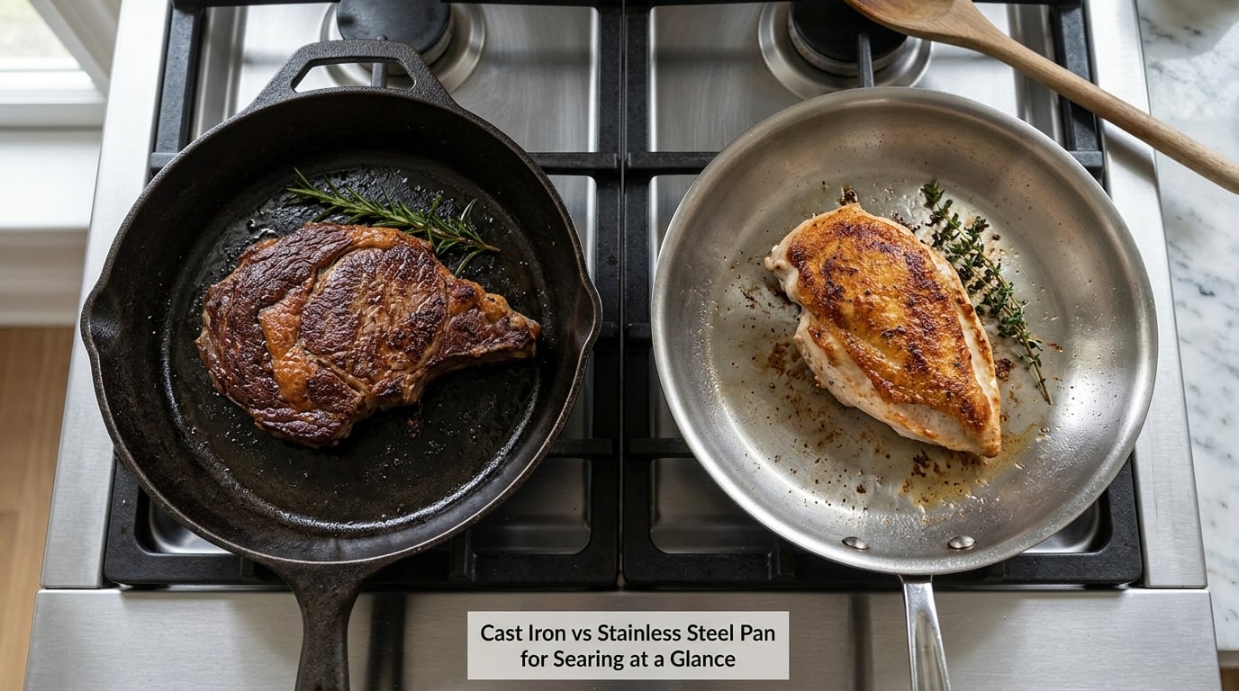 Cast Iron vs Stainless Steel Pan for Searing at a Glance
