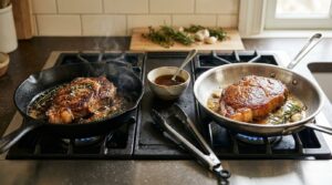cast iron vs stainless steel pan for searing