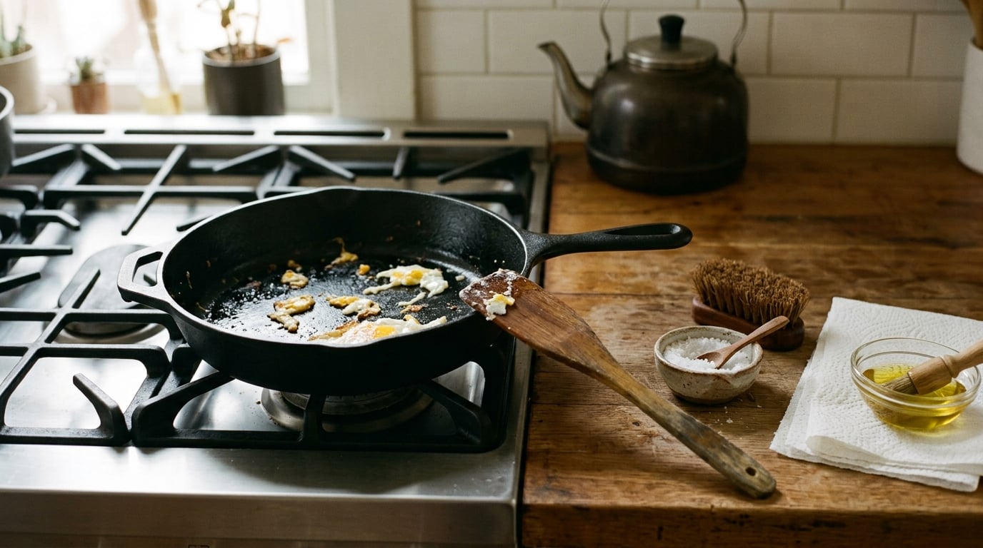 how to clean a cast iron skillet after cooking eggs