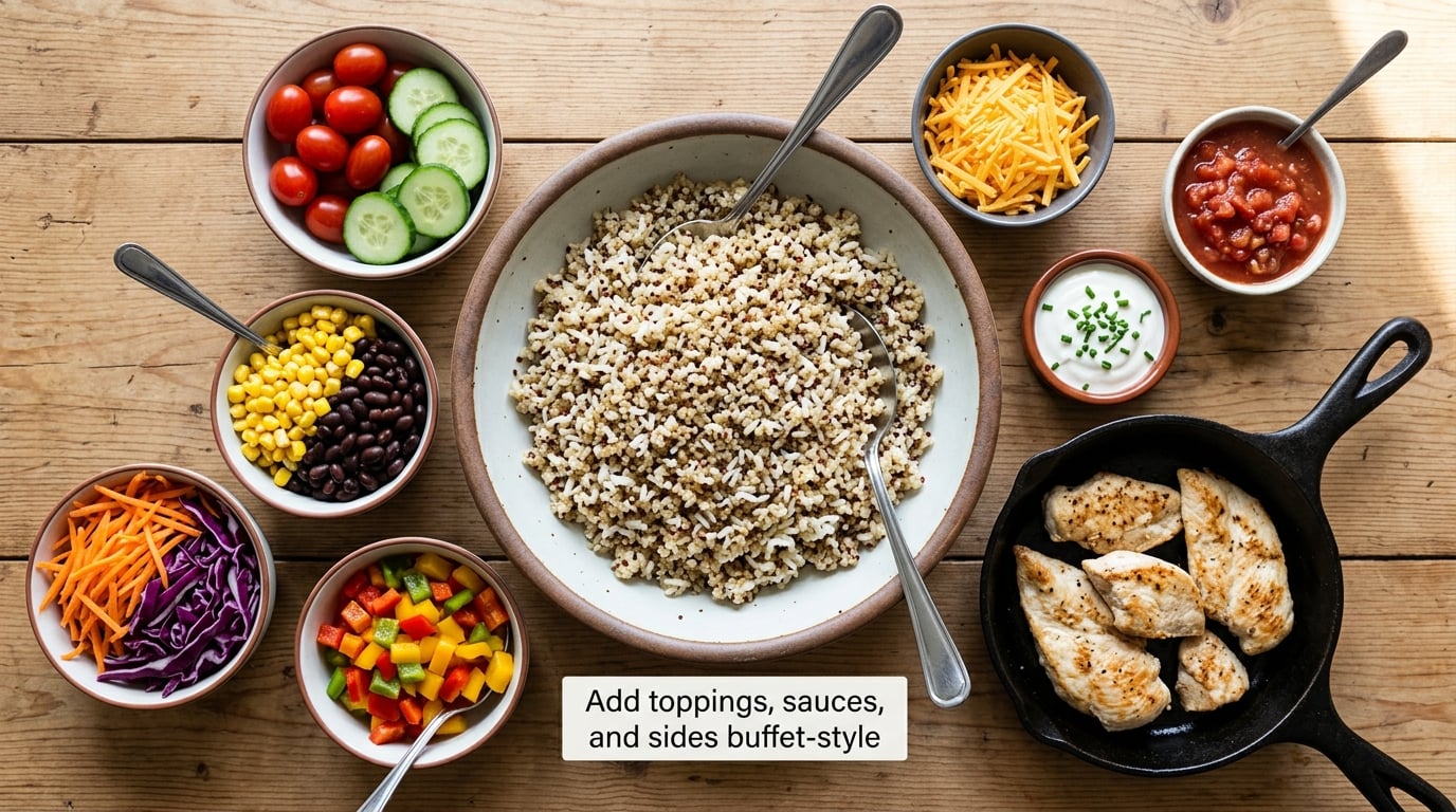 Add toppings, sauces, and sides buffet-style