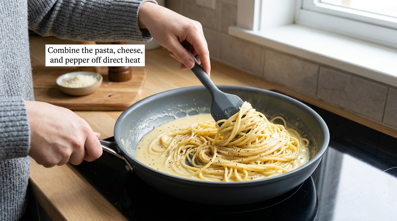 Combine the pasta, cheese, and pepper off direct heat