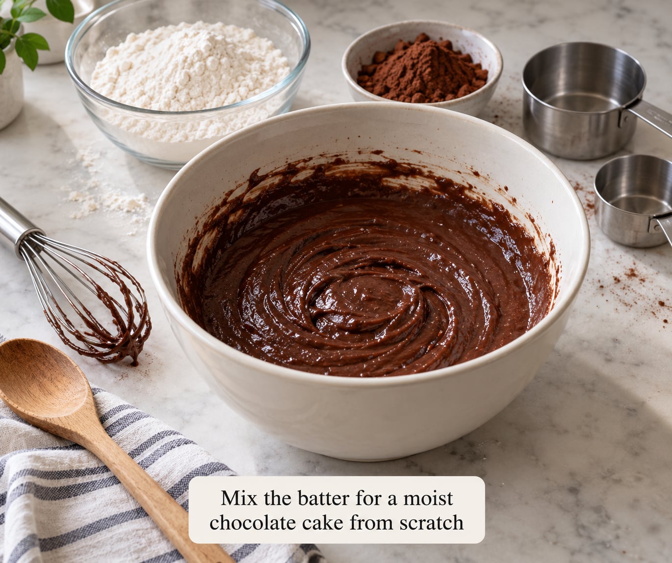 Mix the batter for a moist chocolate cake from scratch