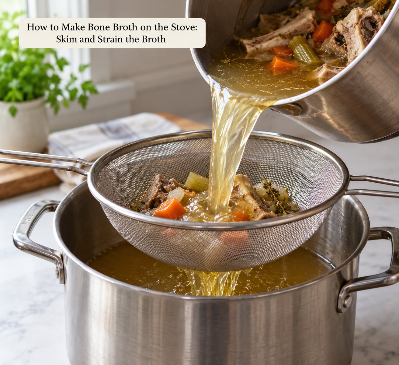 How to Make Bone Broth on the Stove: Skim and Strain the Broth