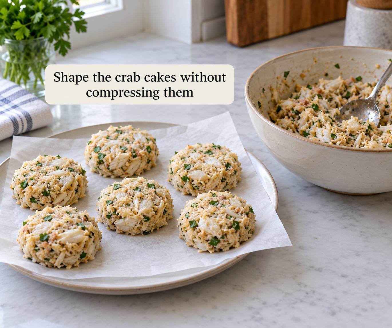 Shape the crab cakes without compressing them