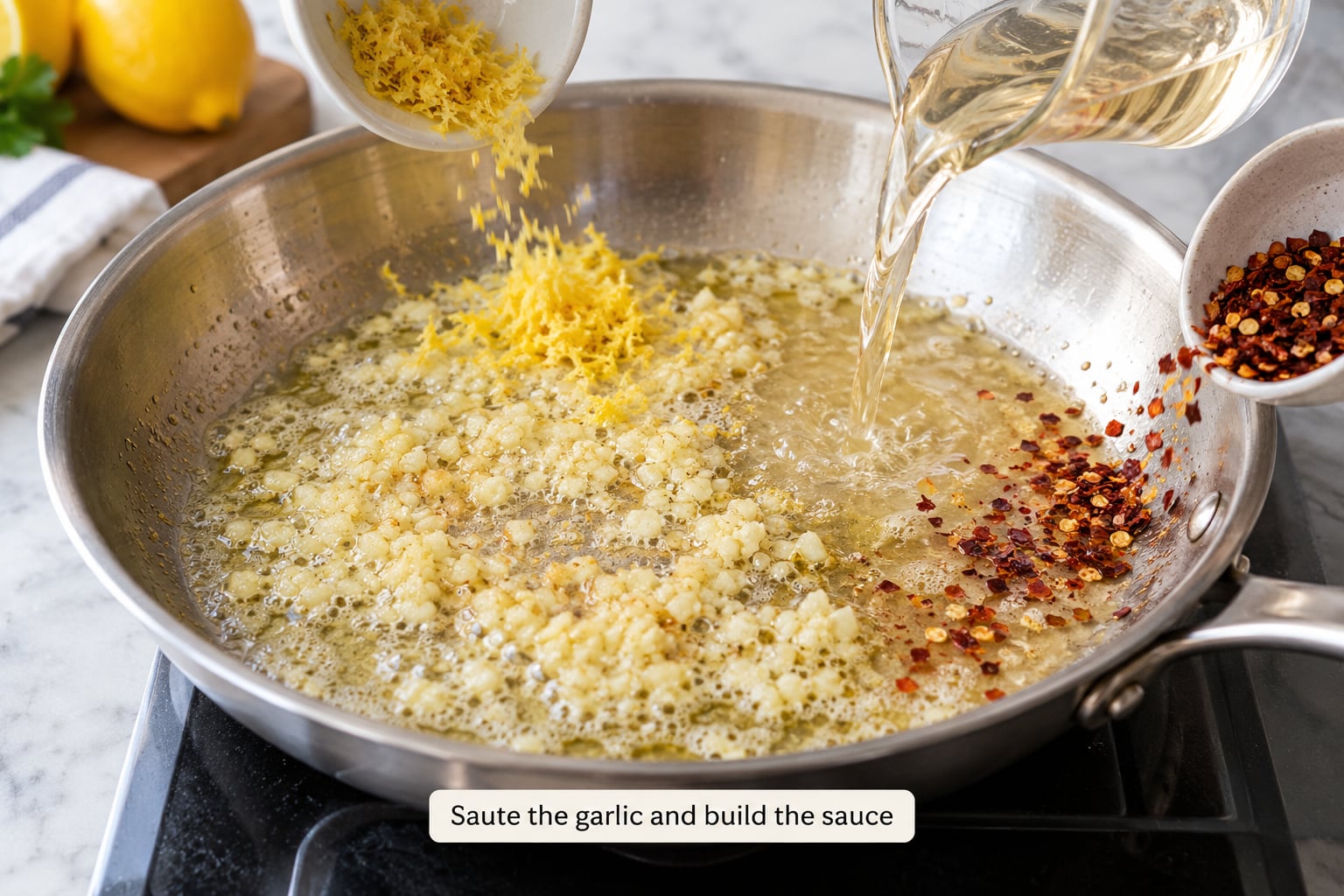 Saute the garlic and build the sauce